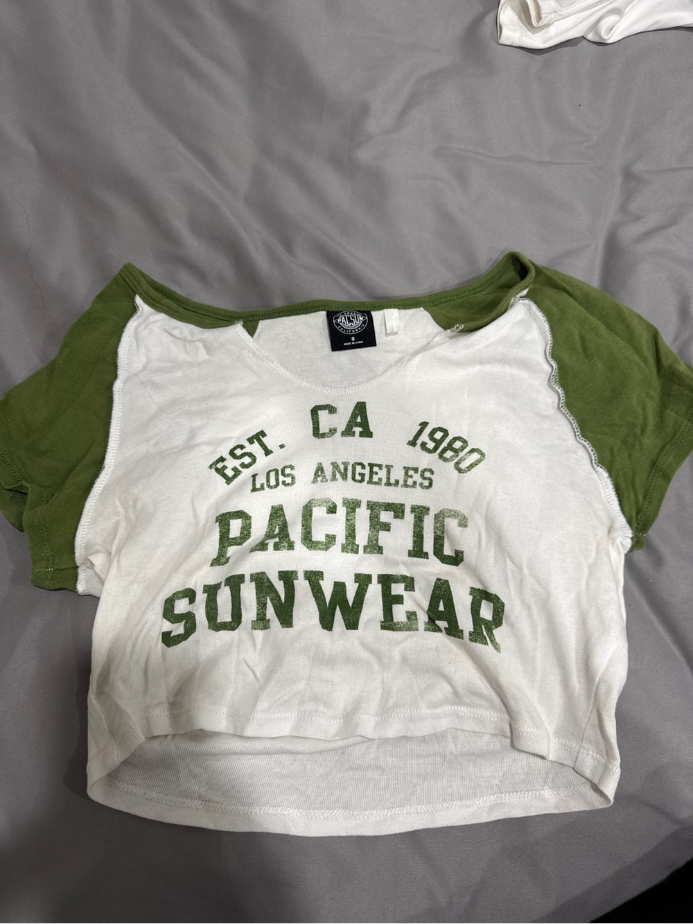 Pacific Sunwear White Crop Tee with Olive Raglan Sleeves